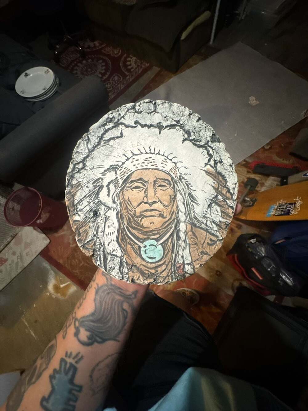 Signed Stan Langtwait Native American Chief Ash Pottery Plaque - ,